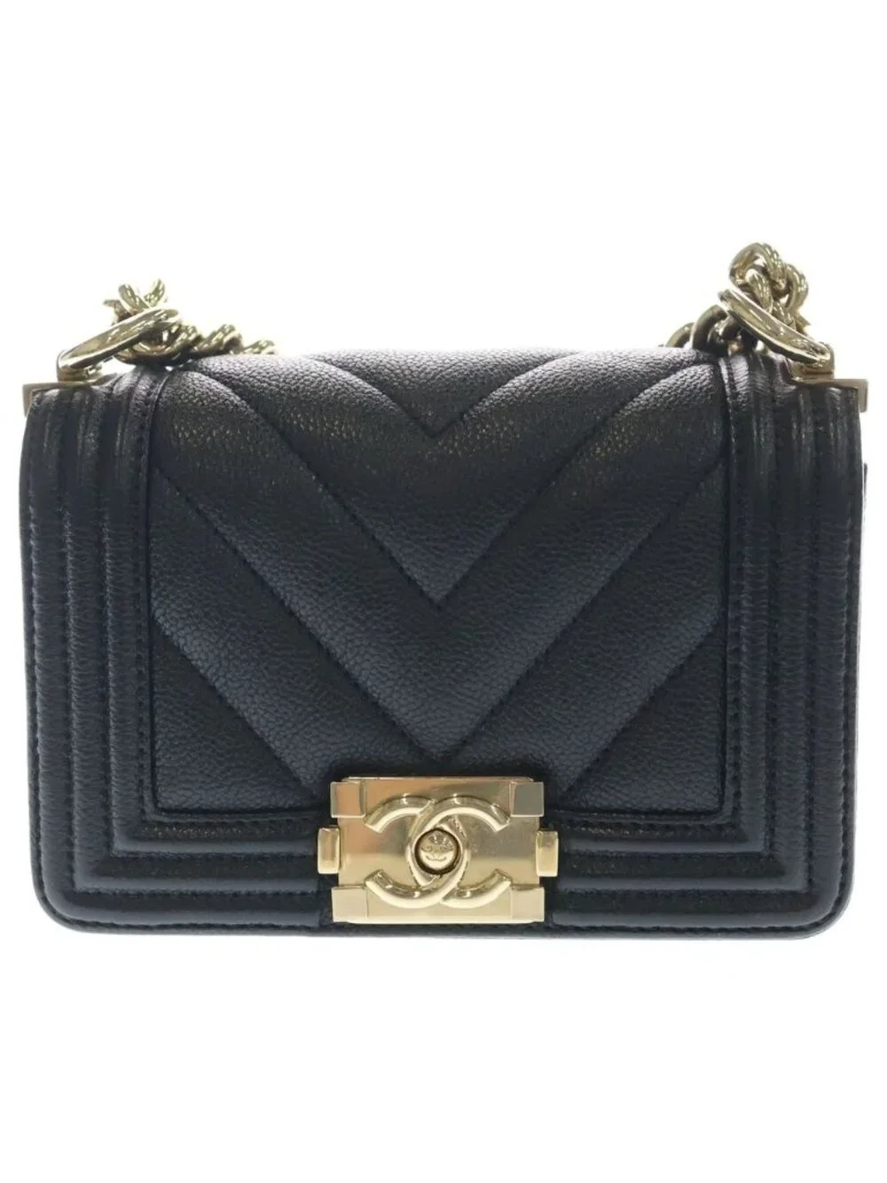 Chanel Boy Mini Chez Blanc Stitch Caviar Leather Gold Chain Shoulder Bag Plate
